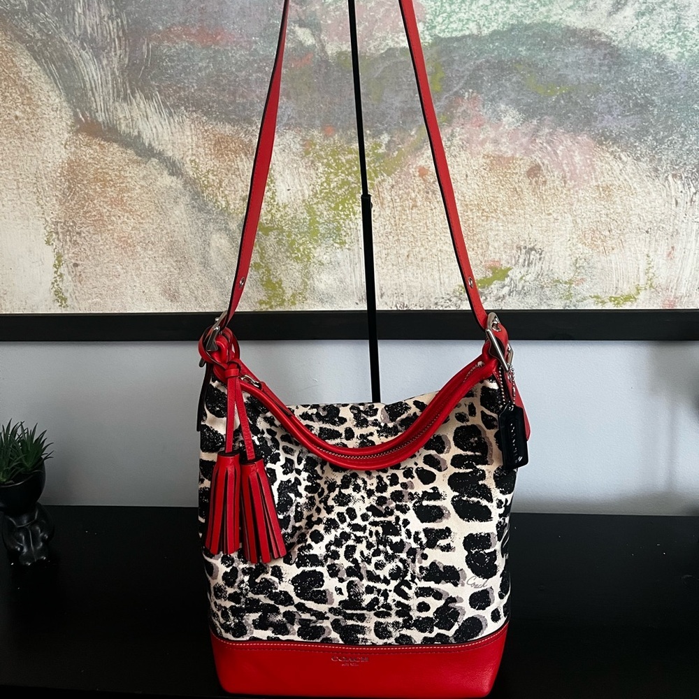 COACH Legacy Ocelot Print Hobo Black Red Multi Canvas Leather Handbag - Picture 14 of 14